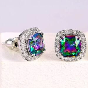 Mystic Fire Topaz Stud Earrings, Square, Princess Cut
